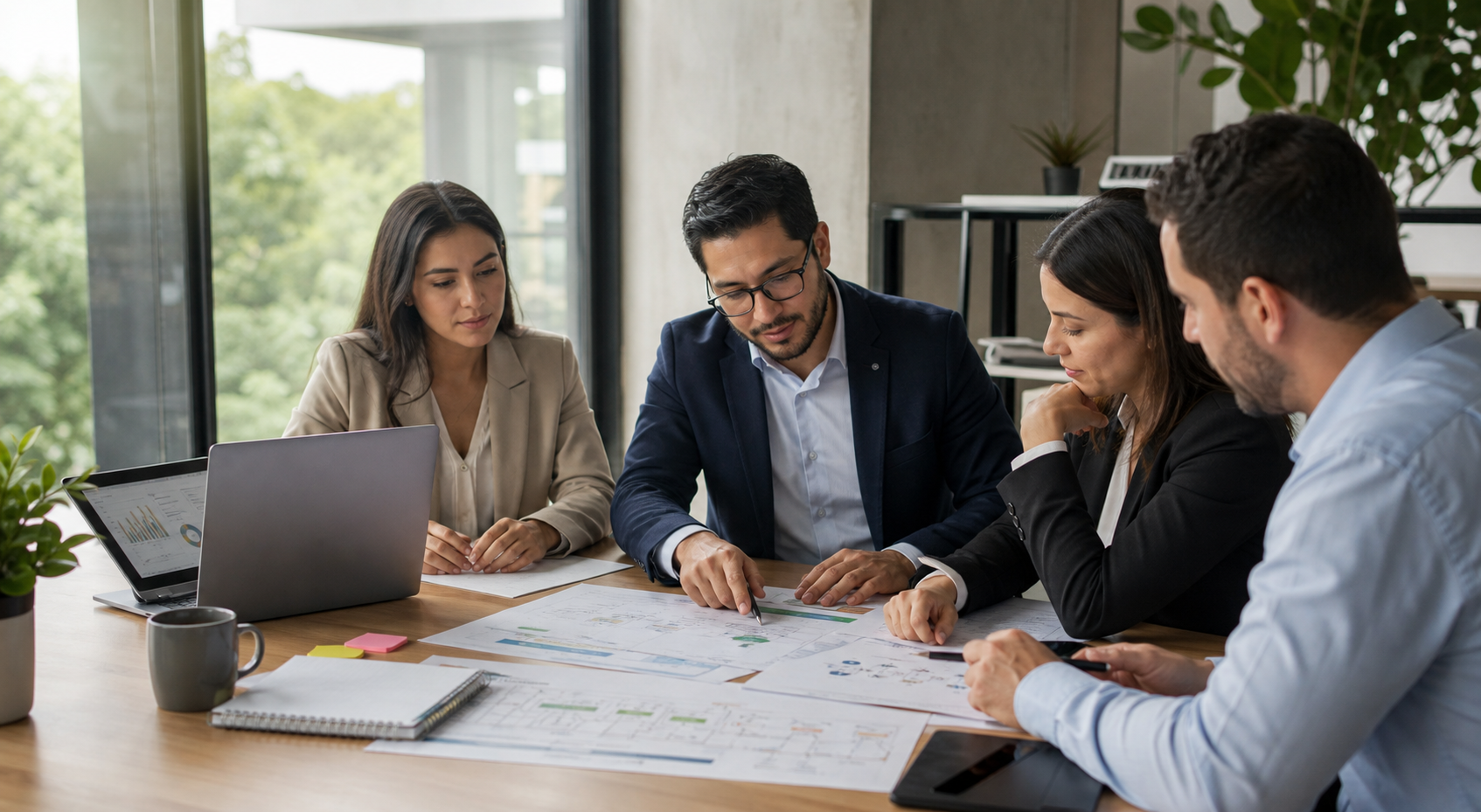 Equipo de consultoria revisando documentos operativos y datos empresariales